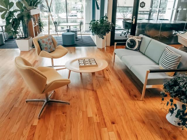 Hardwood flooring in a commercial lounge seating area